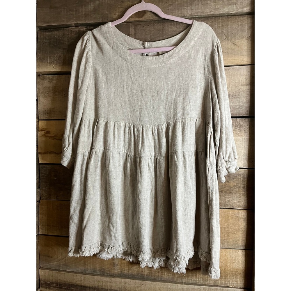 Umgee Oatmeal Linen Blend Tiered Babydoll Tunic Top Frayed Hem Small